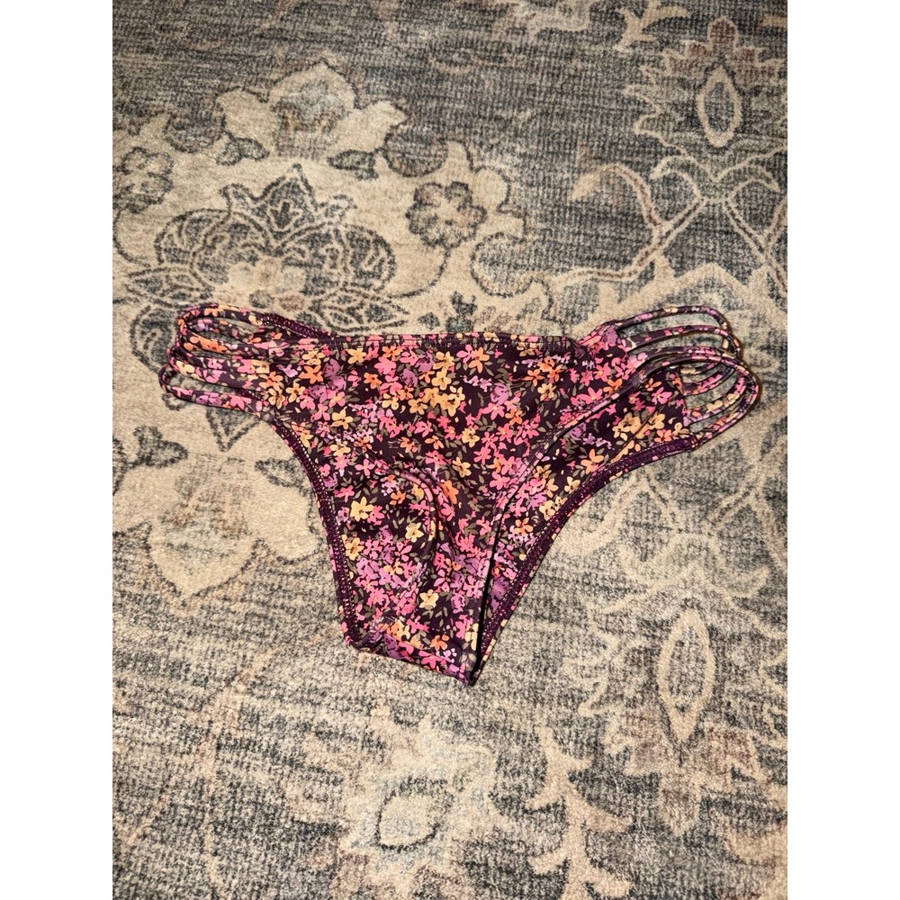 Frankie's Bikinis Floral Burgundy Maroon Swimsuit Bikini Bottoms Strappy Low Ris